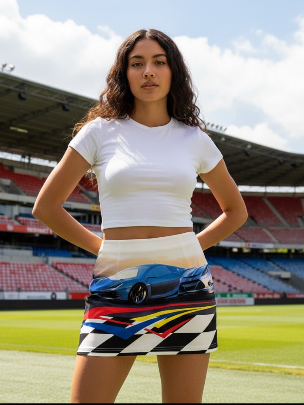 Forever 21 Racing Car Print Mini Skirt Y2K Motorsport Graphic Multicolor
